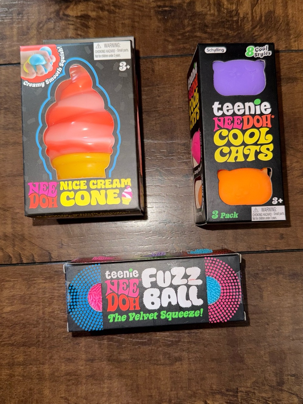 NeeDoh Nice Cream Cone, teenie cool cats and teenie fuzz ballt